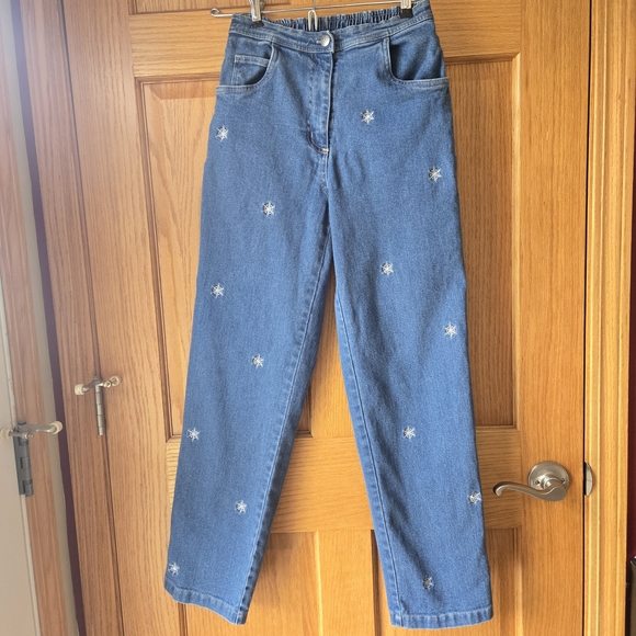 Quacker Factory Denim - Quacker Factory Blue Straight Leg Jeans with Star/Snowflake Embroidery